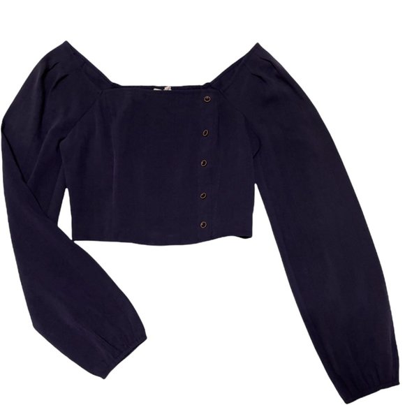 NWT Le Lis Navy Side Button Square Neck Crop Top & Midi Skirt Set Size S/M/L - Picture 4 of 9